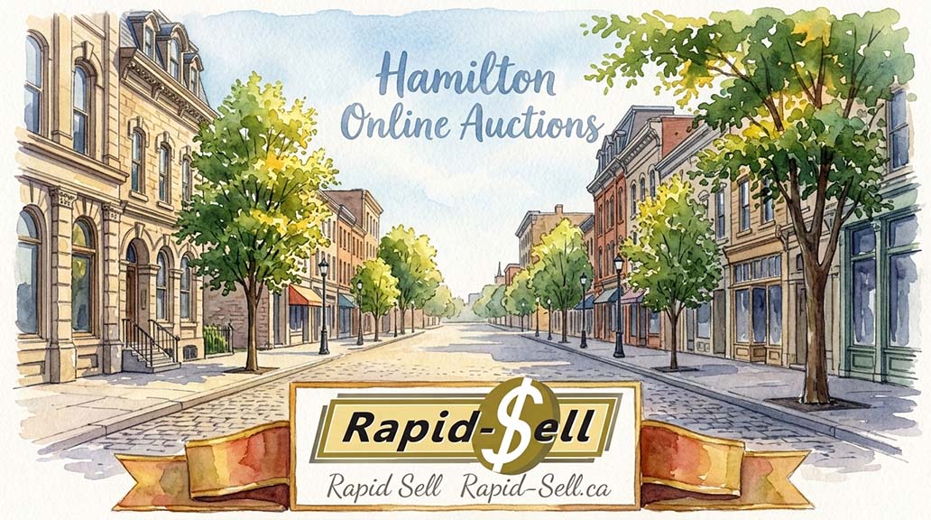 Watercolor depicting historic Dundas Hamilton streetscape for local online estate auctions.
