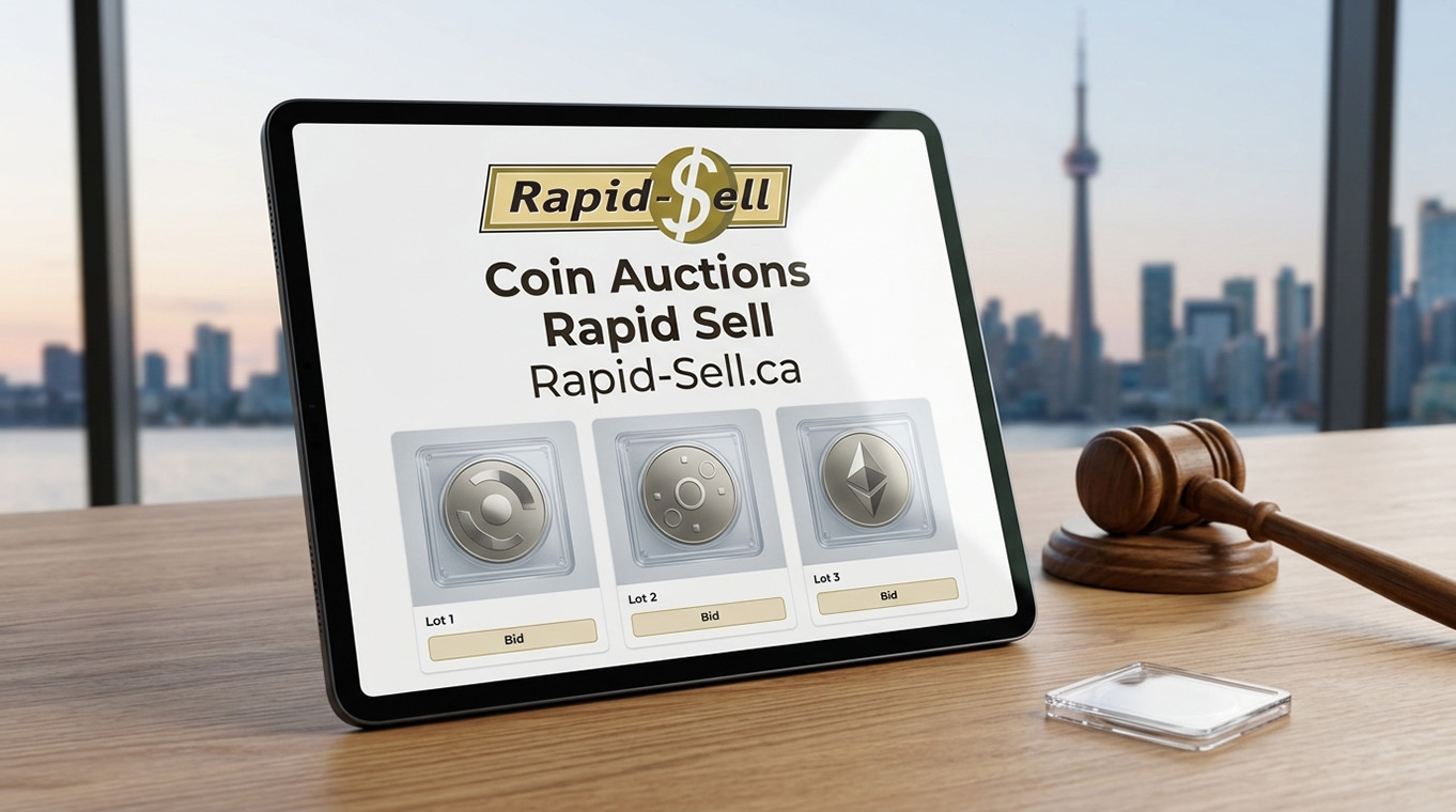Tablet displaying online coin auction bidding screen with gavel and Toronto skyline view