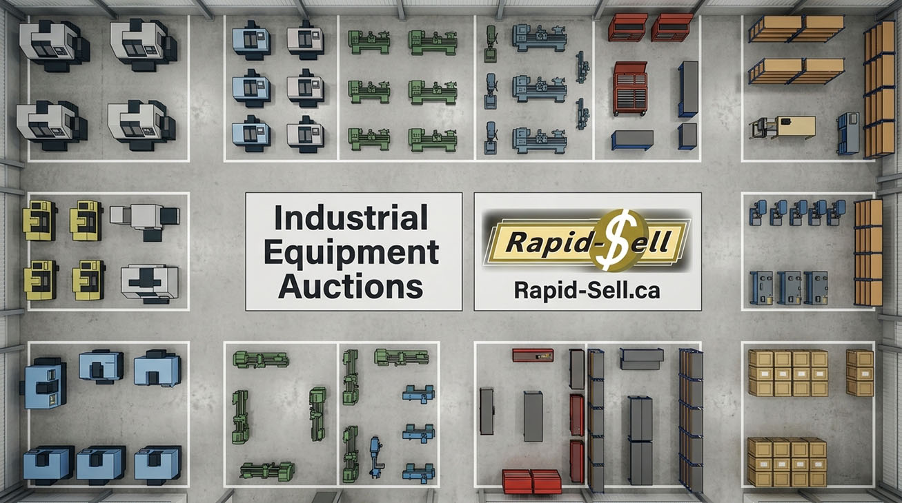 Overhead view of different industrial equipment categories arranged in an auction inventory