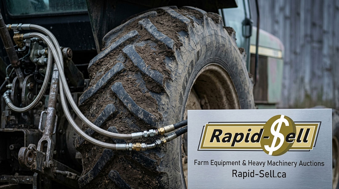 Detailed inspection of tractor tire tread and hydraulic fittings to evaluate equipment condition at auction
