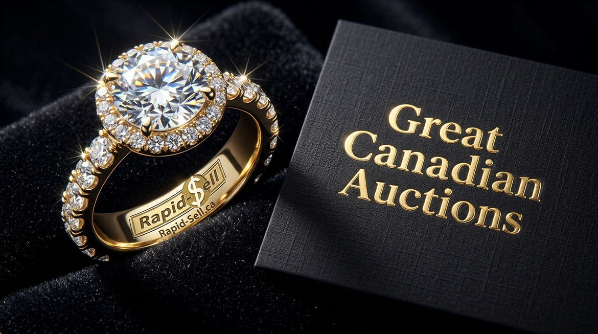 An appraised and authenticated diamond ring resting on black velvet with a Great Canadian Auctions card.