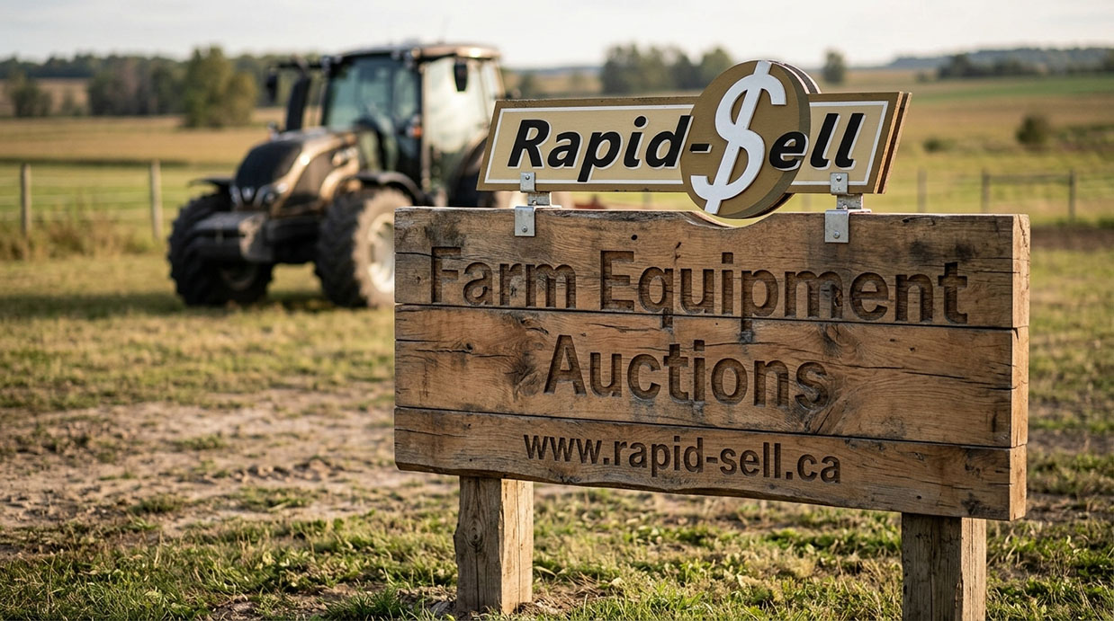Carved timber sign for Rapid-Sell farm equipment auctions representing a verified legitimate Ontario auction company