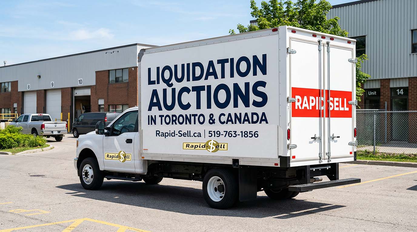 Rapid Sell delivery truck handling freight shipping and logistics for liquidation auction purchases in Ontario.
