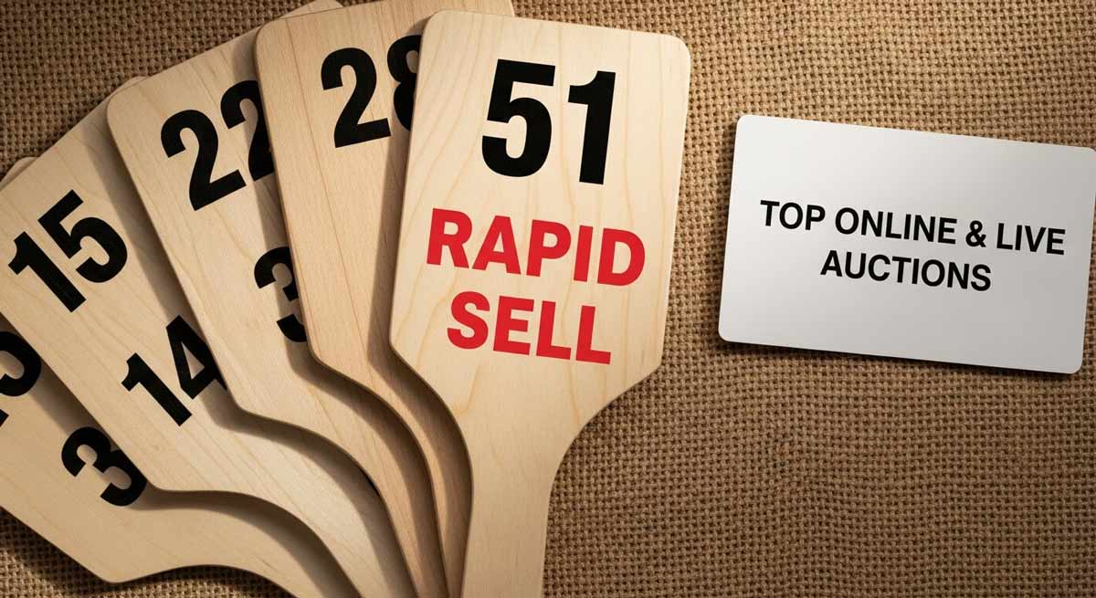 A collection of numbered wooden bidding paddles spread on a table for a Rapid Sell live auction bidding event.