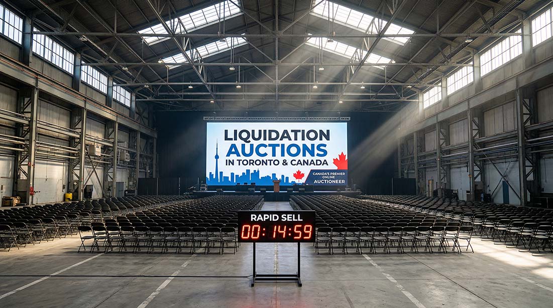 Large warehouse setup for a live webcast liquidation auction in Toronto, featuring seating and a countdown timer.