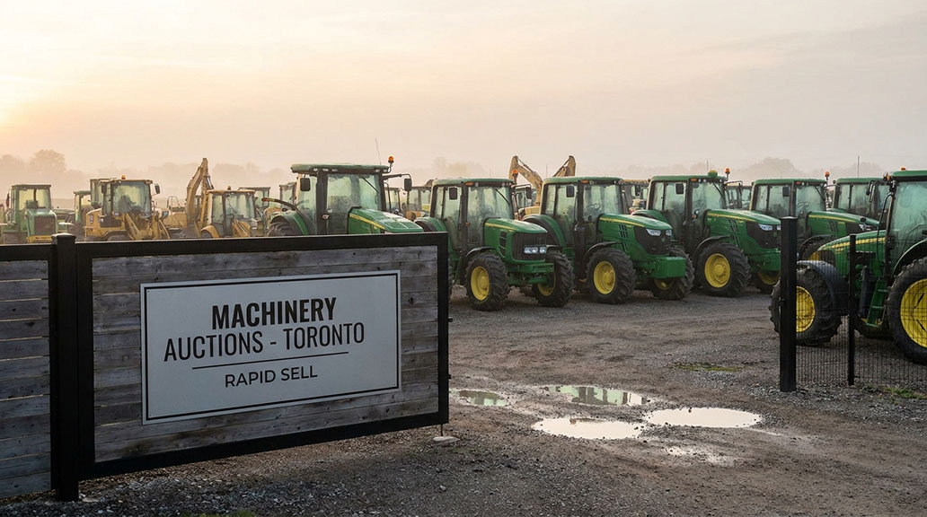 Rows of tractors and heavy equipment at a Toronto machinery auction yard