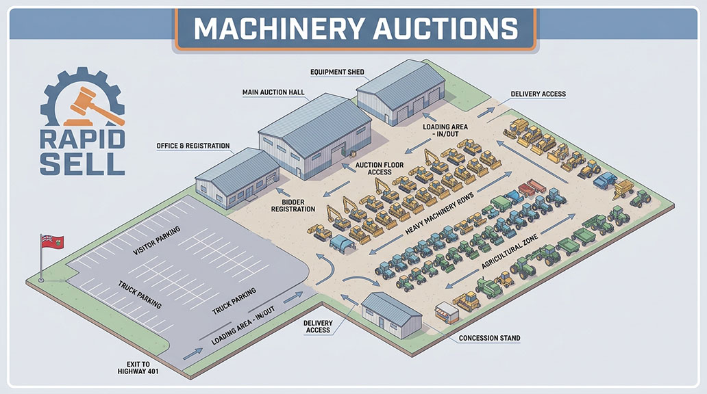 Machinery auction yard layout showing registration loading and delivery areas