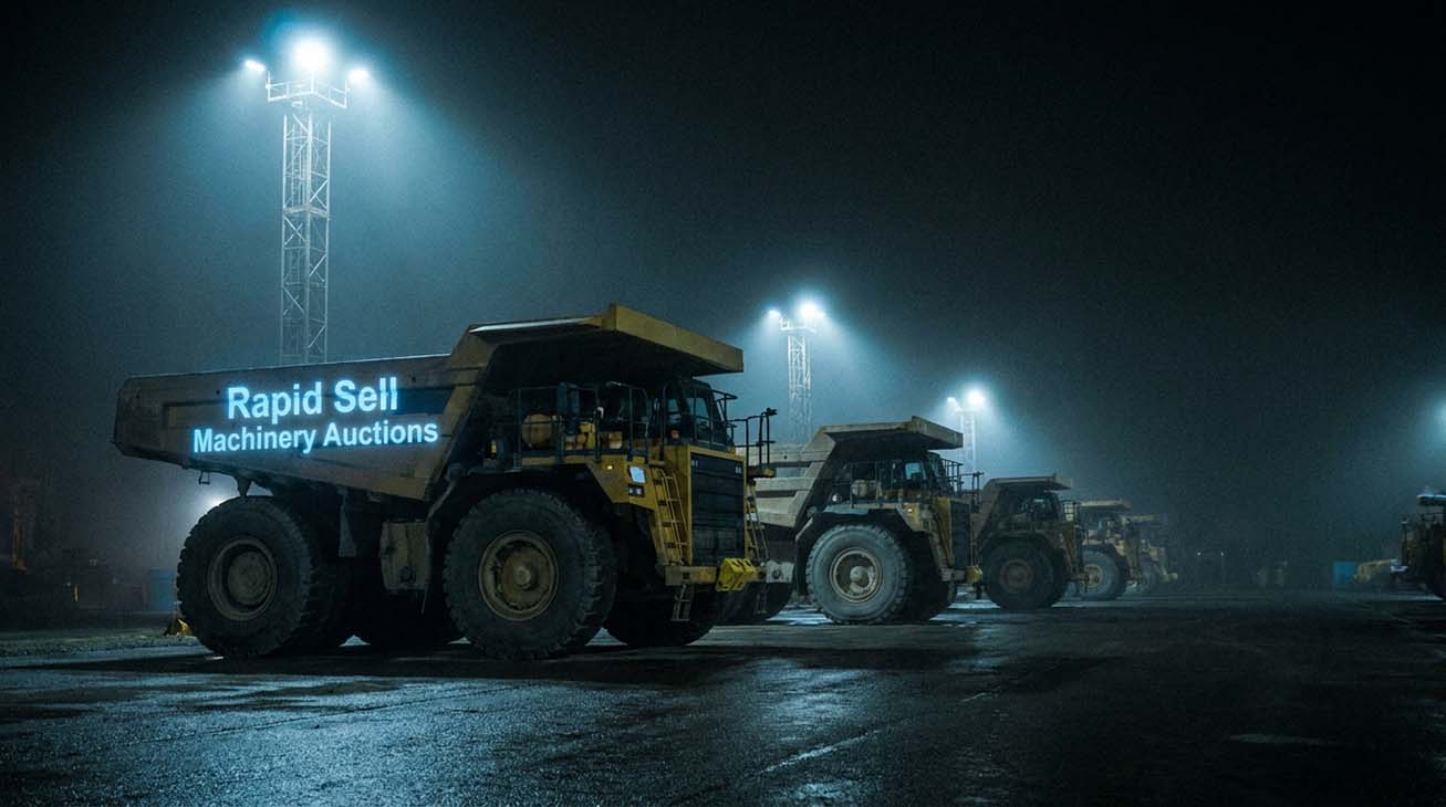 Mining haul trucks lined up for a heavy equipment auction at night