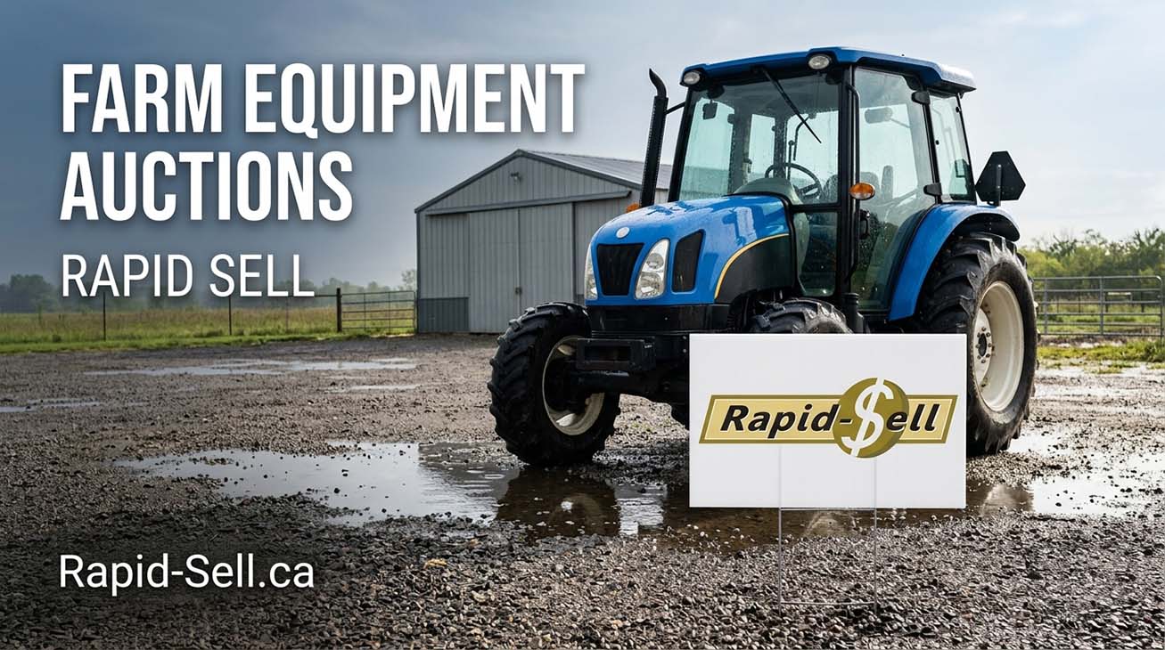 Blue agricultural tractor parked in a wet yard during an on-site preview inspection for an Ontario farm auction