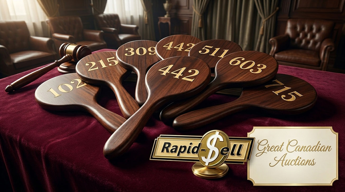 Multiple numbered wooden bidding paddles gathered on a red velvet table.