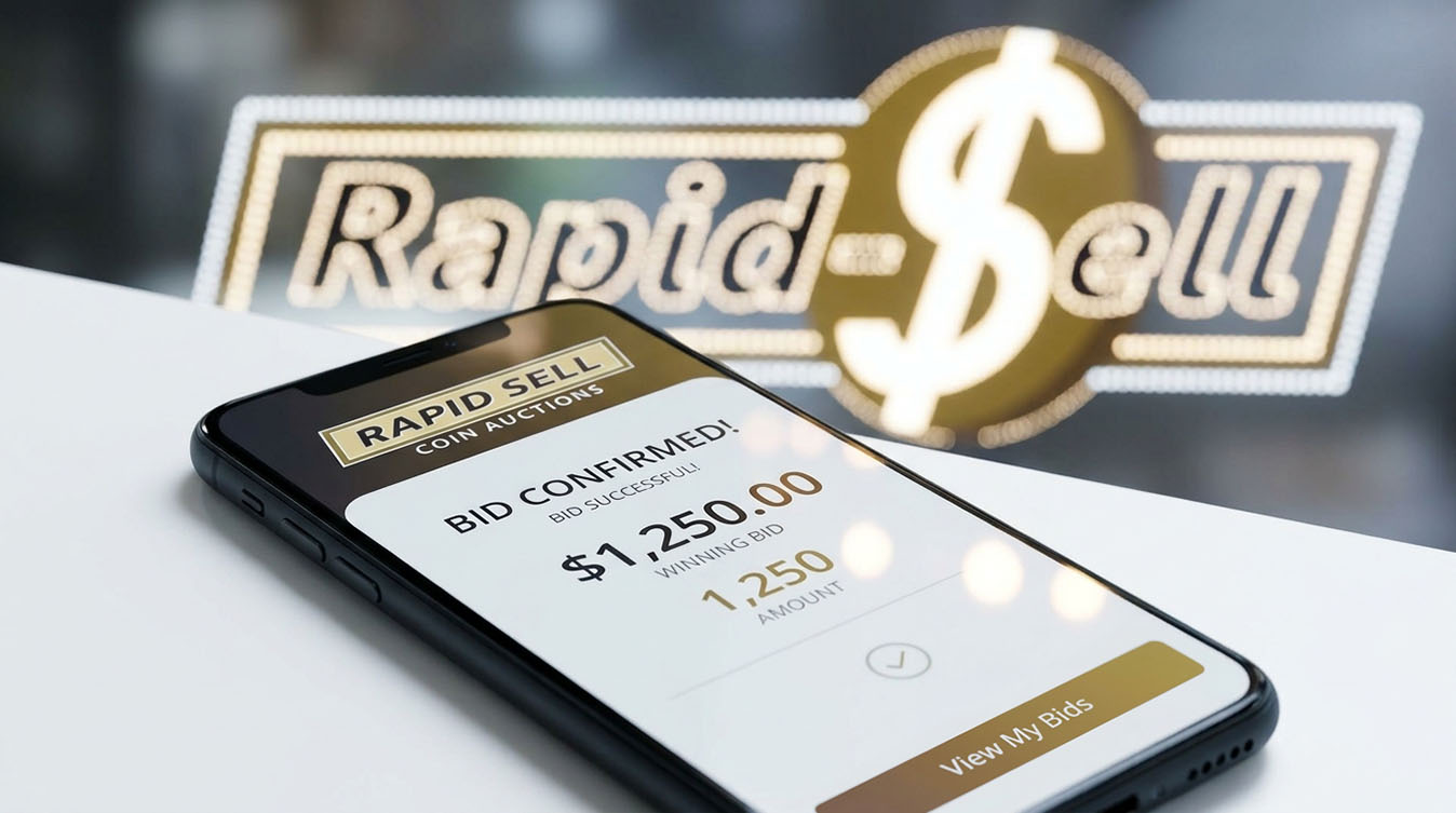 Smartphone screen displaying successful online coin auction bid confirmation on Rapid-Sell app