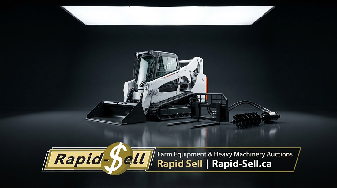Tracked skid steer loader and versatile attachments displayed in an online equipment auction catalog