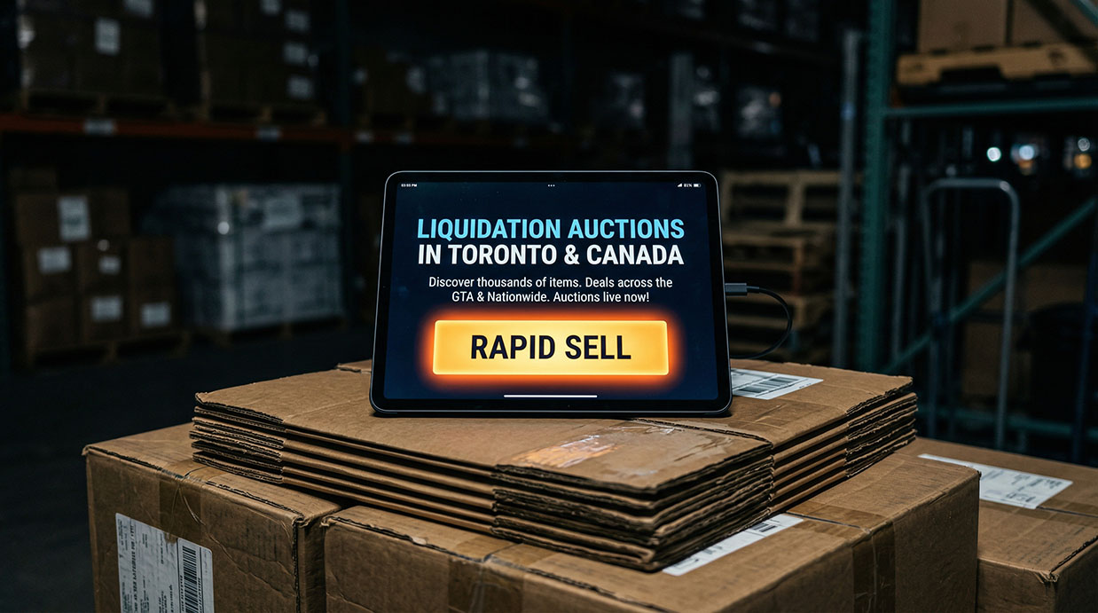 A tablet resting on shipping boxes displaying the Rapid Sell online liquidation auctions platform in a warehouse.