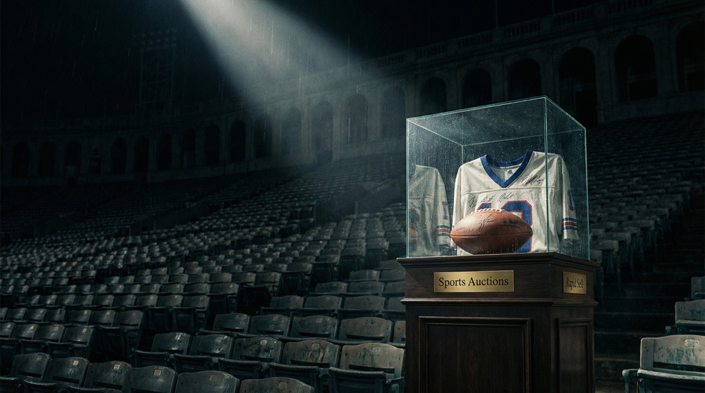 Wide panoramic view of a major league baseball stadium symbolizing global access to sports collectibles via online auctions