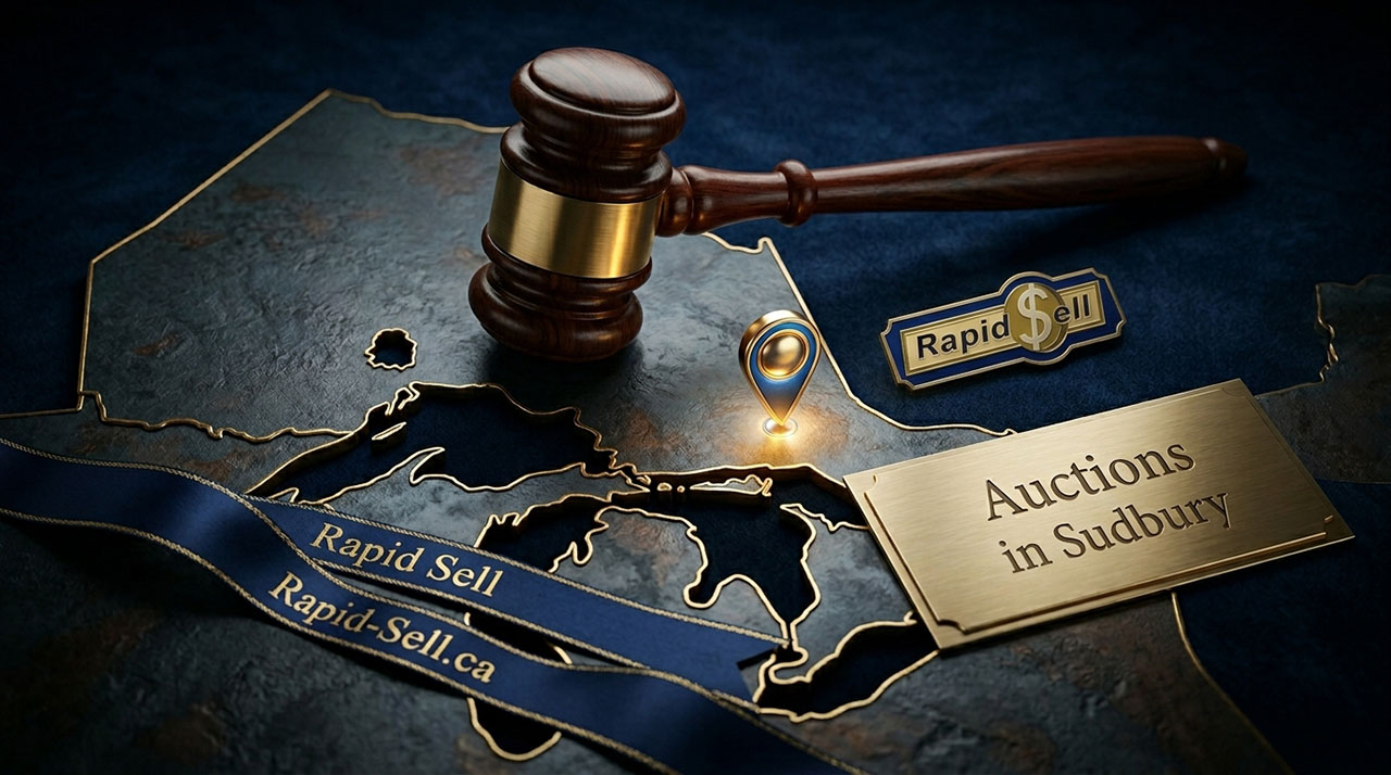 A gavel placed on a map highlighting Ontario auction houses and the Sudbury region.
