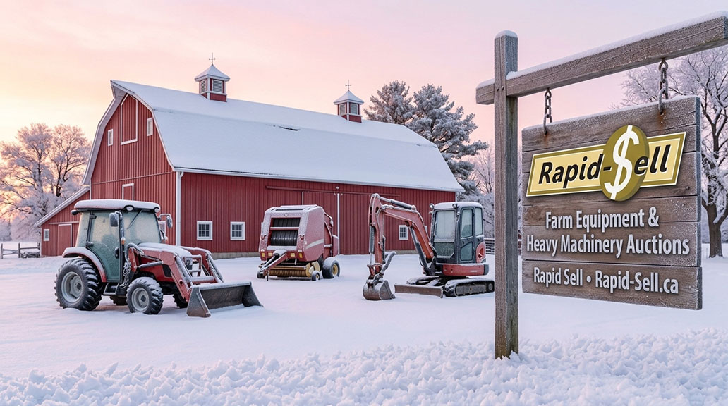 Snow covered Ontario farm with red barn tractor baler and mini excavator ready for an equipment auction