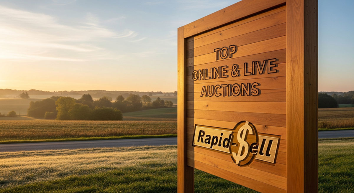 A wooden Rapid Sell Top Online and Live Auctions sign standing in a beautiful rural Ontario farm field at sunset.
