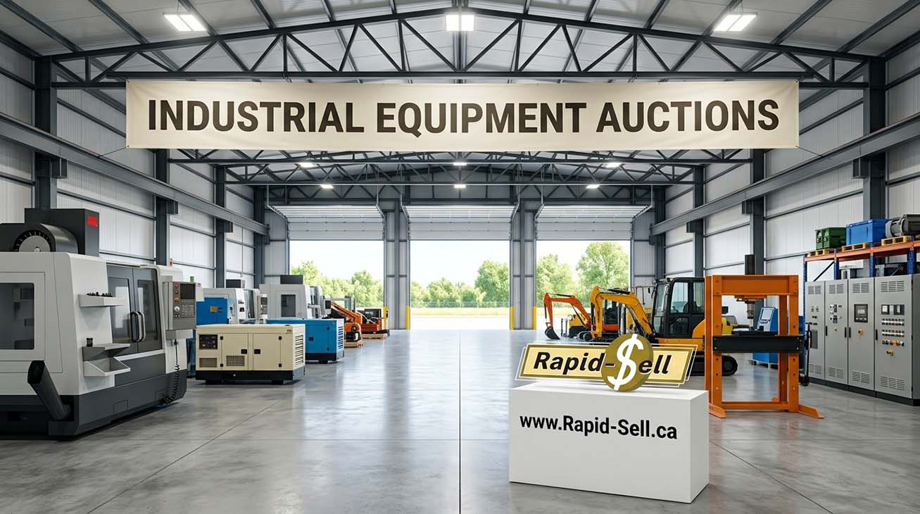 Large facility displaying industrial machinery and heavy equipment for auction