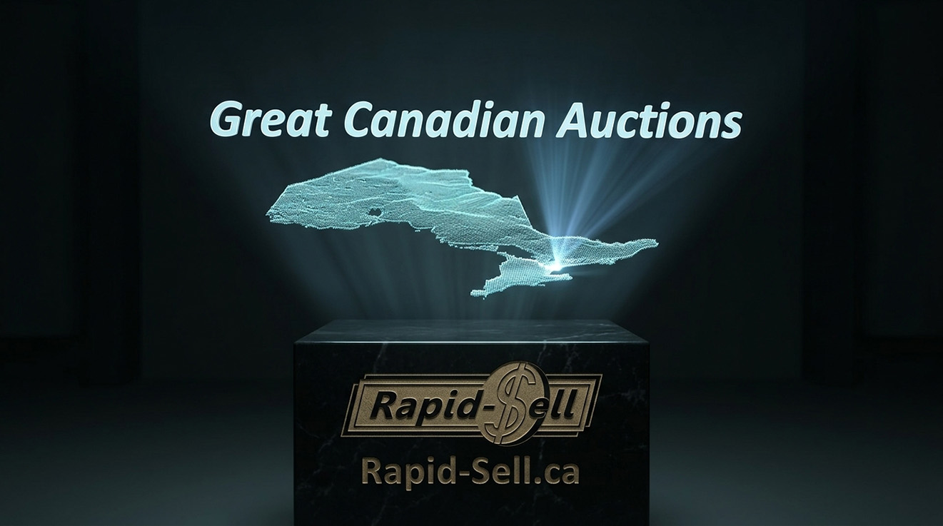 A neon digital map of Ontario showing the vast landscape for Great Canadian Auctions and online bidding.