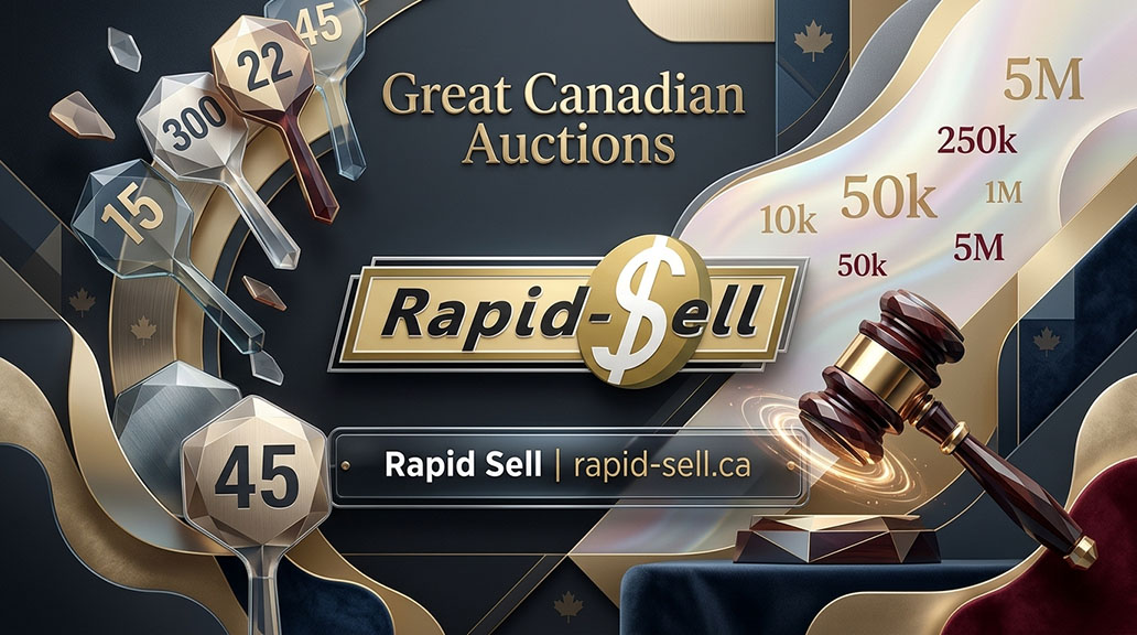 Abstract digital bidding paddles and numbers illustrating the rise of online auction platforms in Canada, Ontario, Toronto.