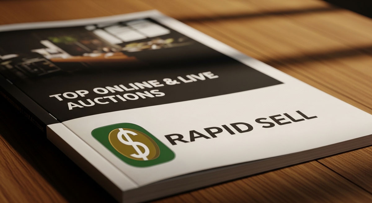 A printed Rapid Sell auction catalog resting on a wooden desk, perfect for pre-auction bidding research and preparation.