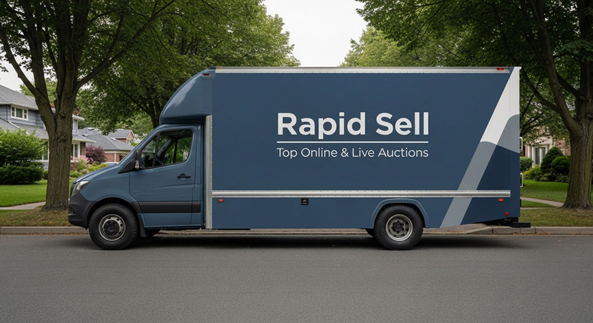 A blue Rapid Sell delivery truck parked on a quiet residential street for post-auction item pickup and logistics.