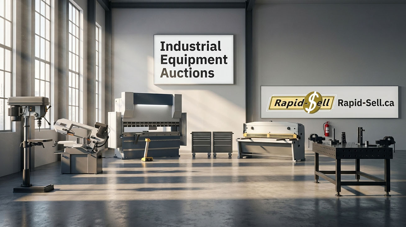 Industrial tools and machinery displayed in a Rapid Sell auction setting
