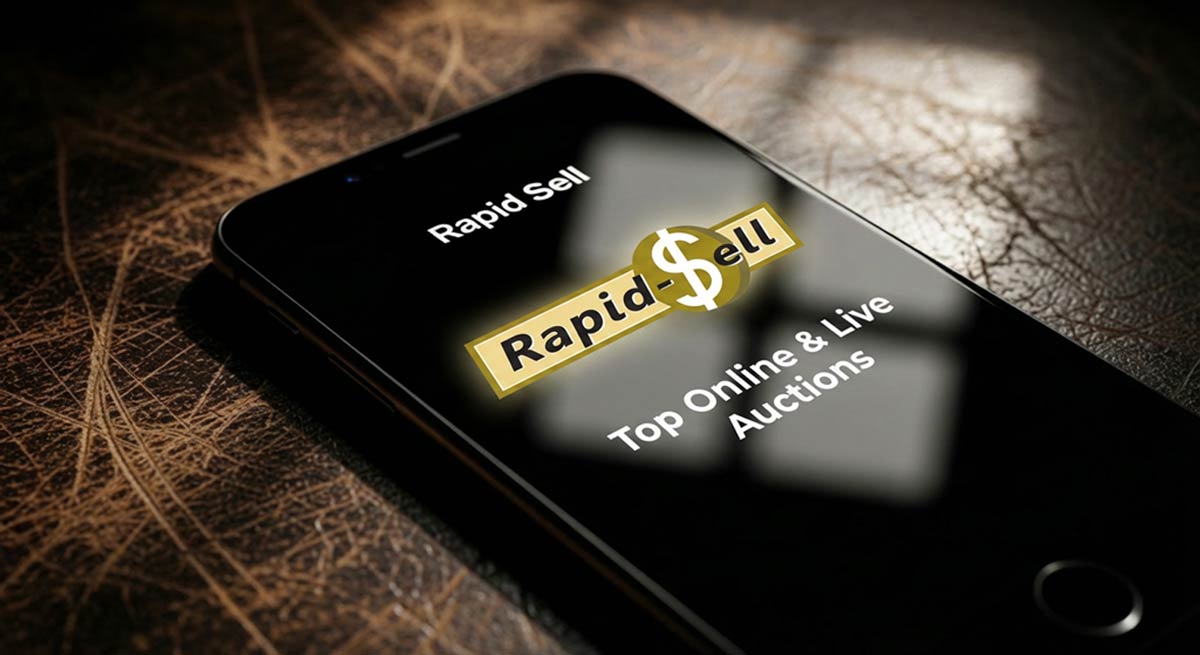 A close-up of a smartphone screen displaying the Rapid Sell Top Online and Live Auctions mobile bidding platform interface.