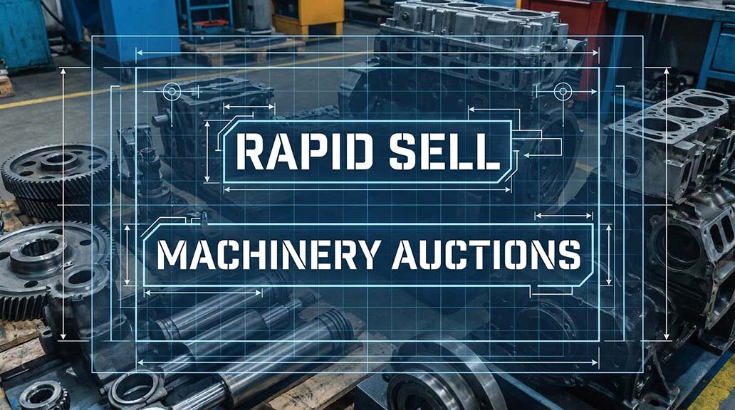 Rapid Sell machinery auctions graphic over industrial equipment parts