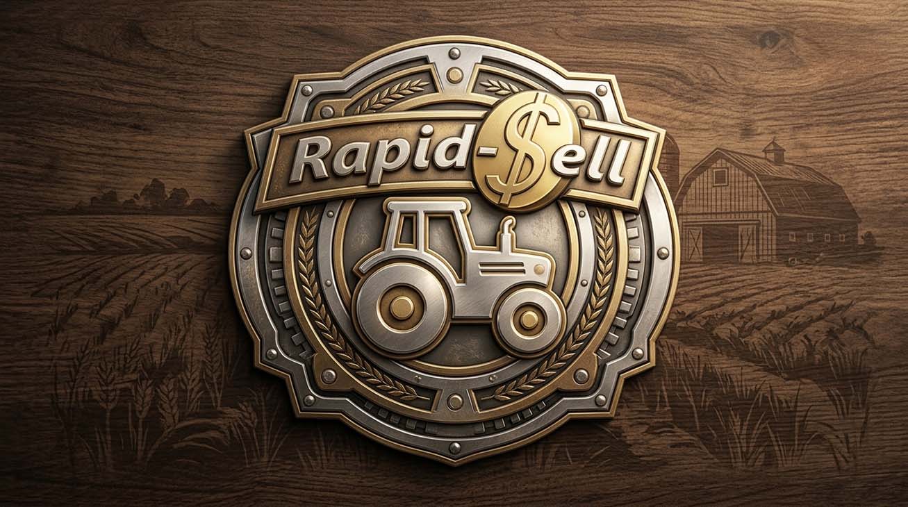 Official Rapid-Sell emblem featuring an agricultural tractor crest representing trusted Ontario farm auctioneers since 1984