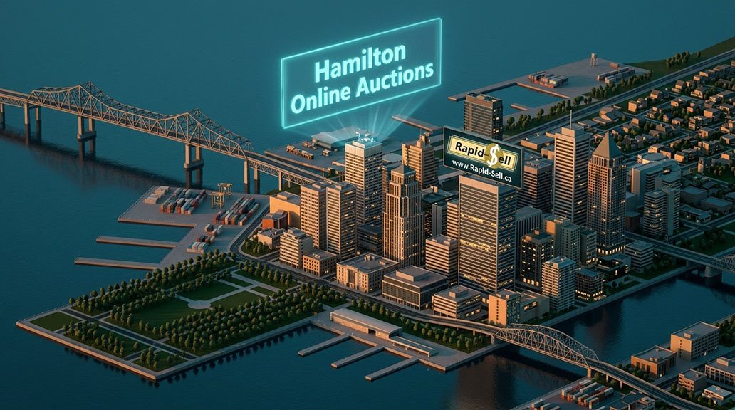 3D aerial view of Hamilton skyline highlighting Rapid-Sell online auction platform.