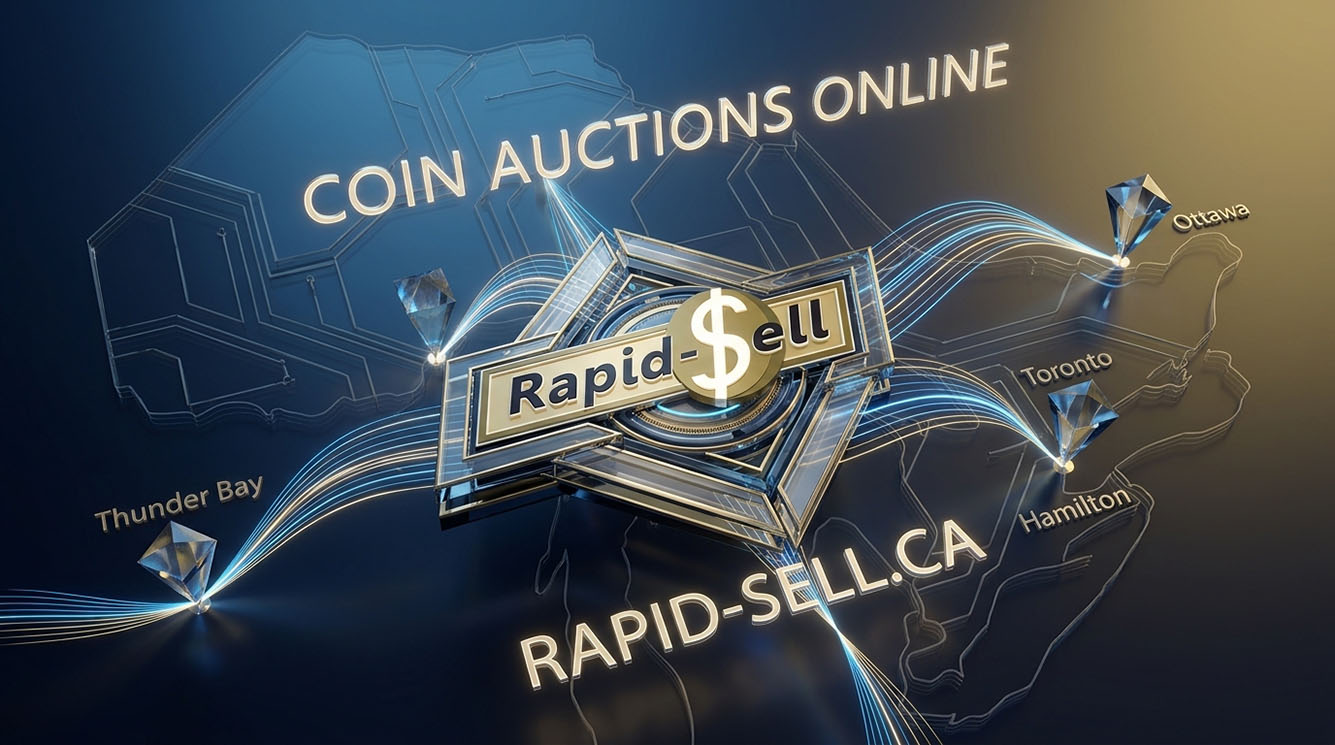 Digital map of Ontario showing online coin auction network connecting Toronto, Ottawa, and Hamilton via Rapid-Sell
