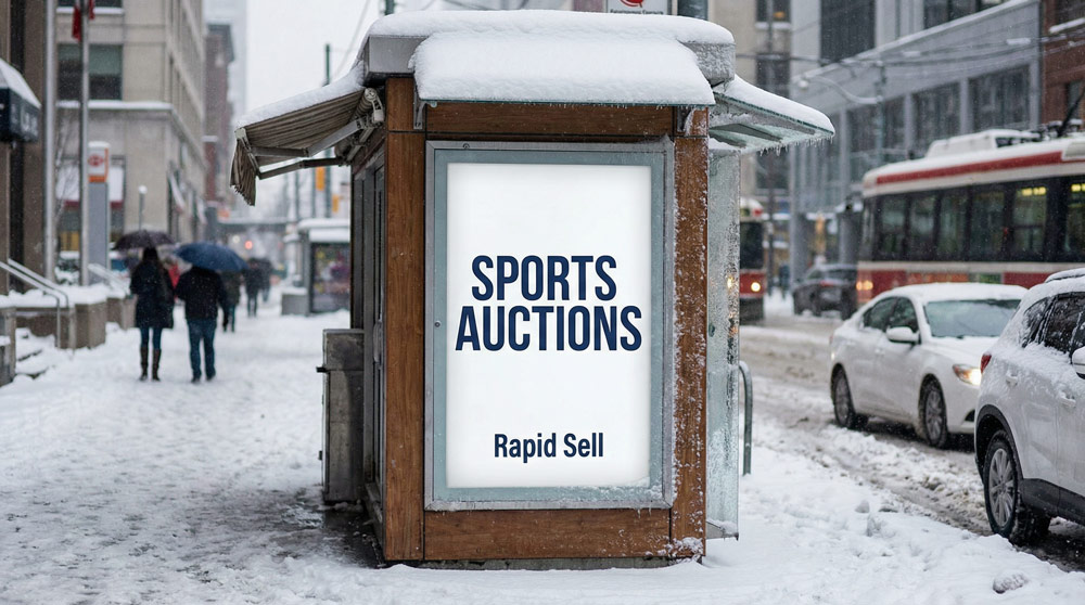 Rapid Sell sports auction advertisement on snowy street in Toronto Ontario Canada