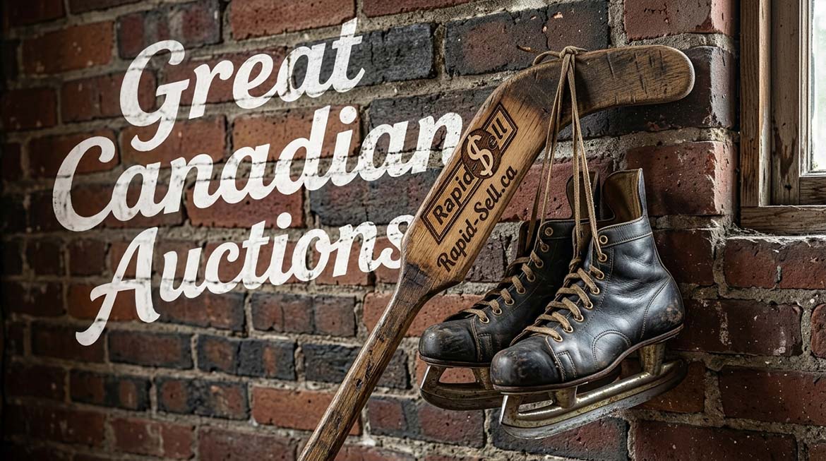 Vintage leather hockey skates and a wooden hockey stick branded with Rapid Sell, hanging on a brick wall in Toronto, Ontario.