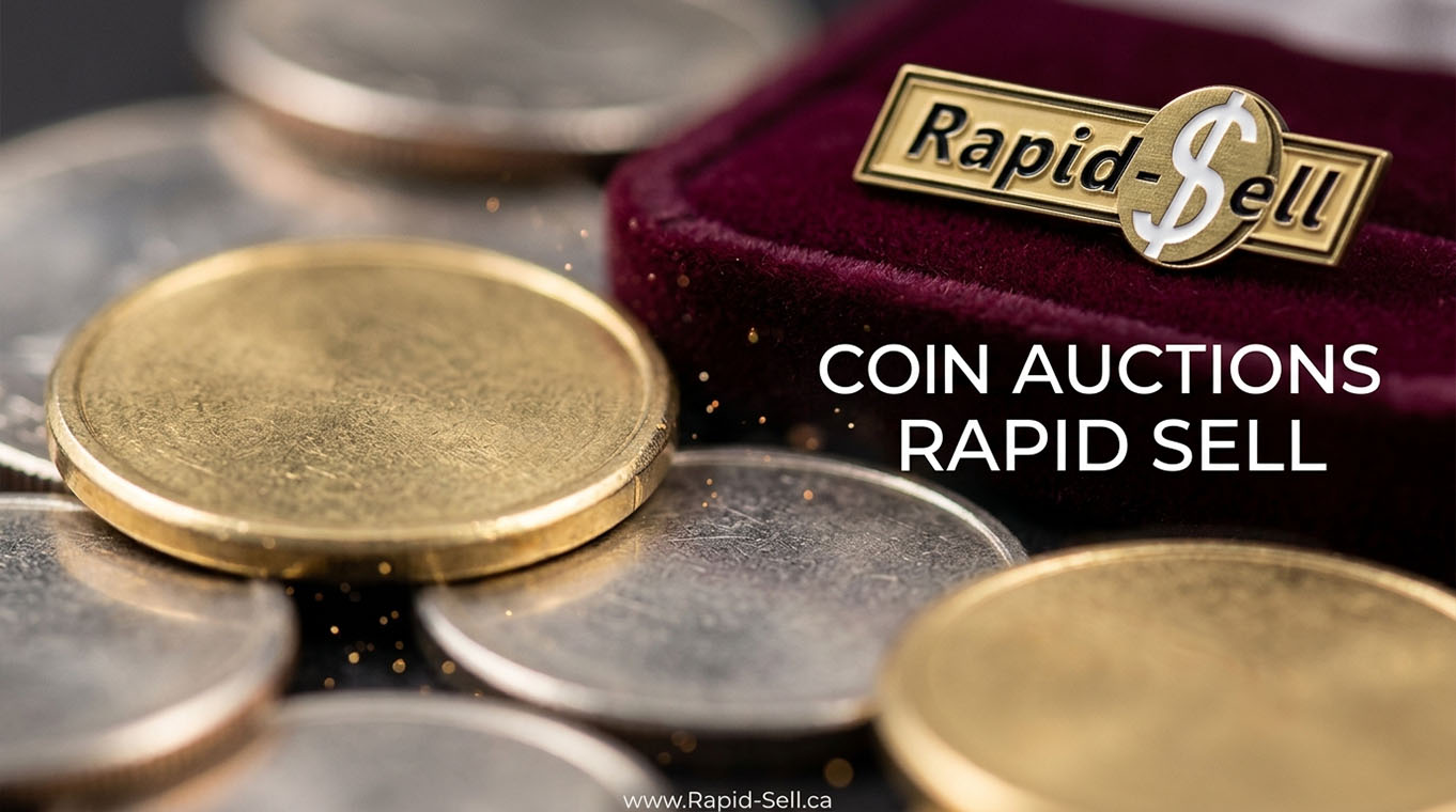 Macro detail of gleaming gold and silver coins with Rapid-Sell emblem for coin collectors