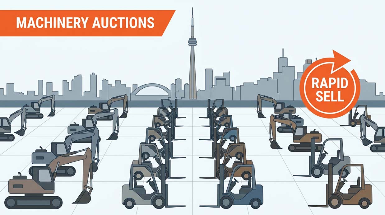 Outdoor machinery auction yard with tractors and construction equipment in spring