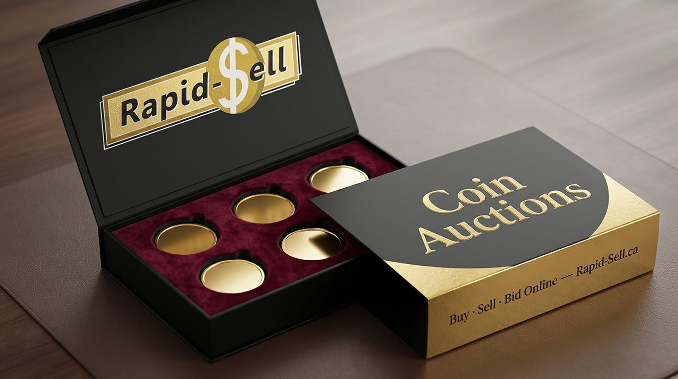 Five gold coins in a luxury velvet presentation case ready for sale at Toronto coin auction