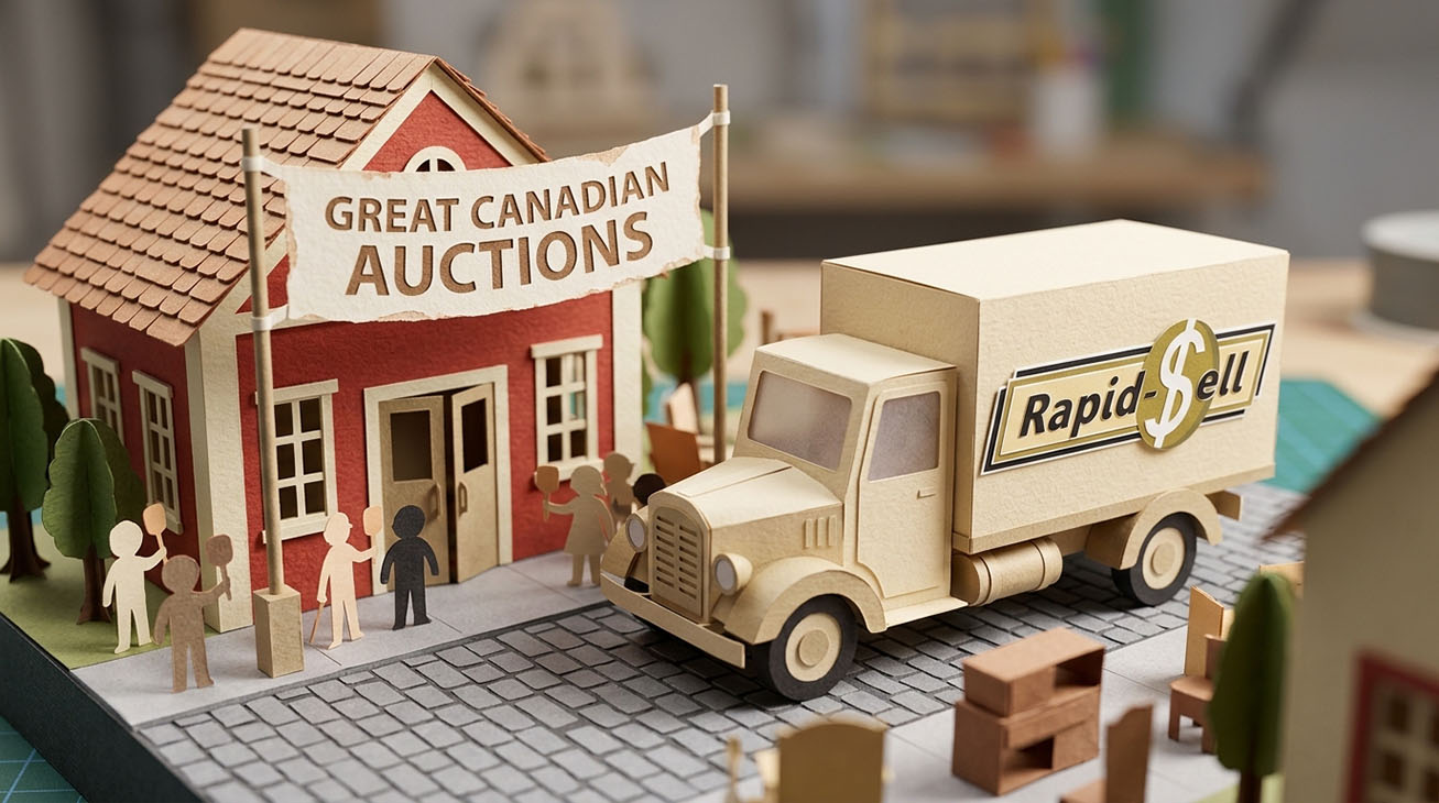 A miniature papercraft Rapid Sell moving truck outside a Great Canadian Auctions house in Ontario, Toronto, representing item consignment.