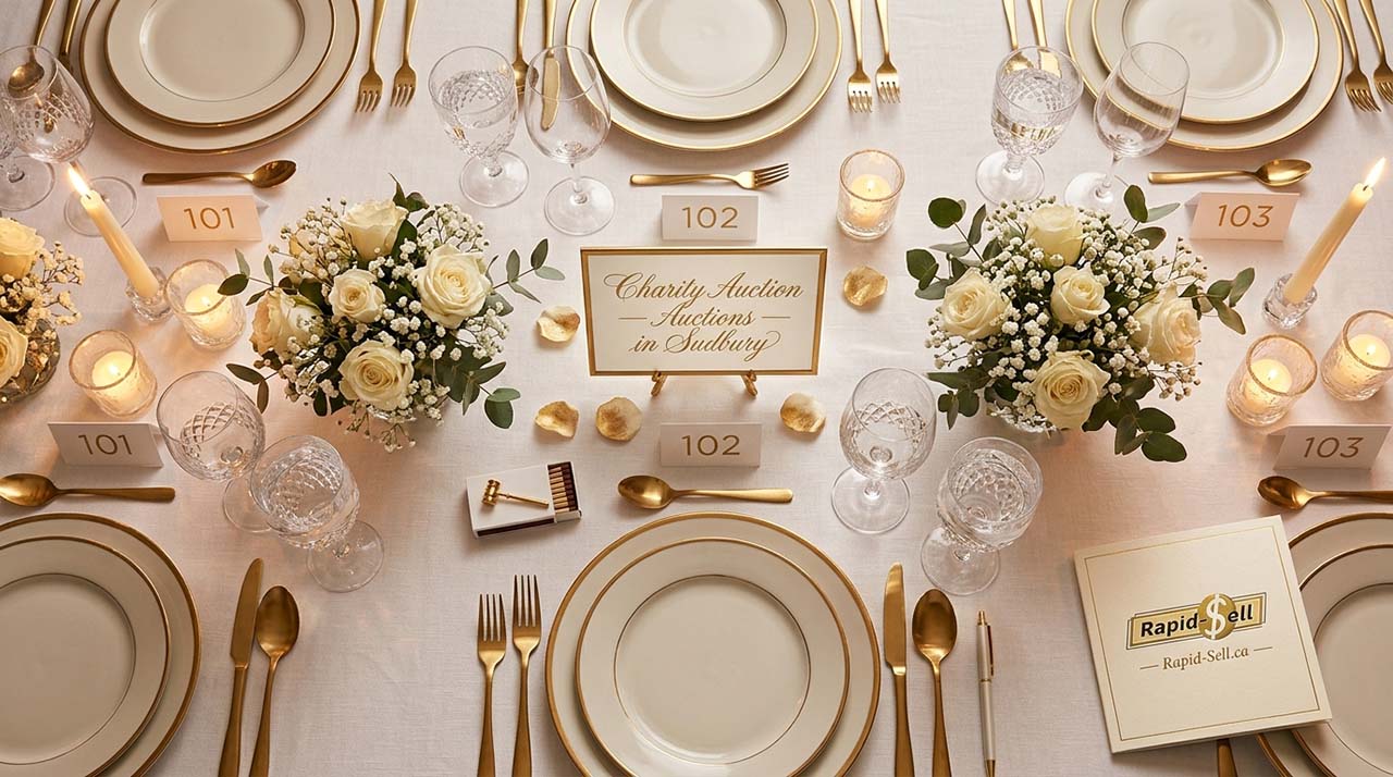 An elegant dinner table setup for an annual charity fundraising auction gala in Sudbury, Ontario.