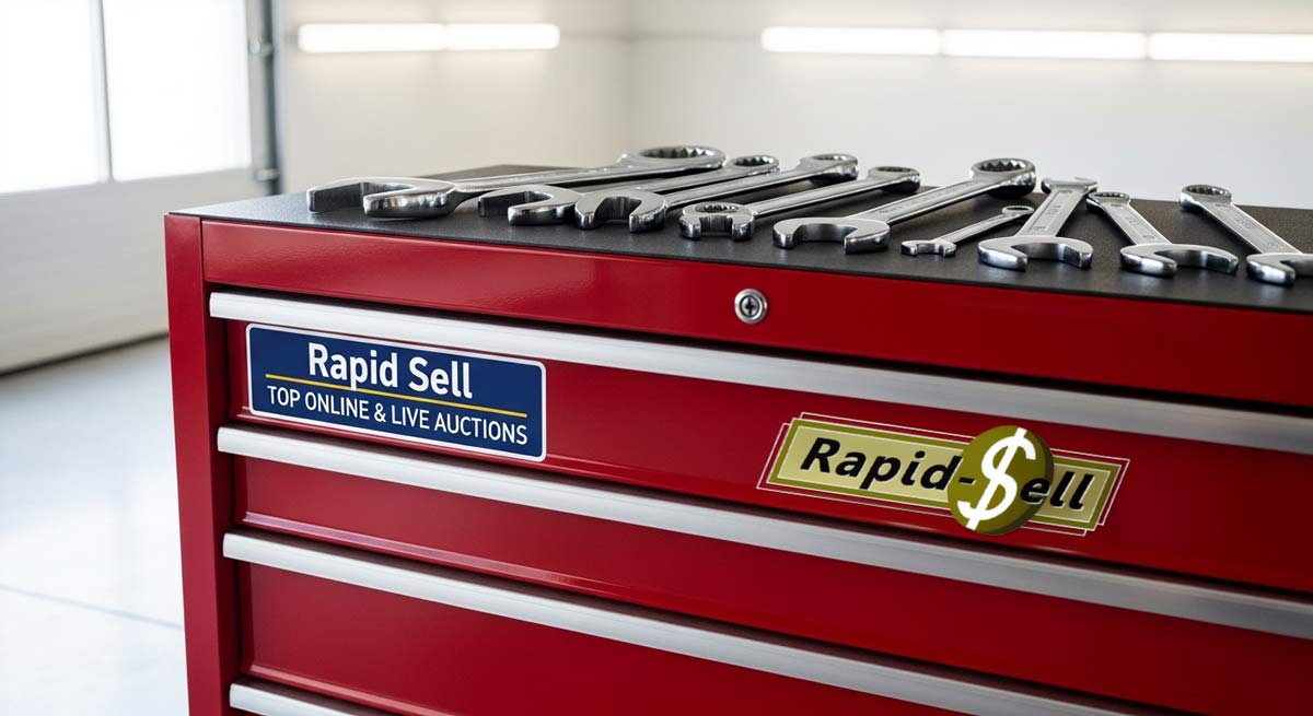 A red mechanic's tool chest with shiny wrenches arranged on top at a Rapid Sell workshop and power tools auction.