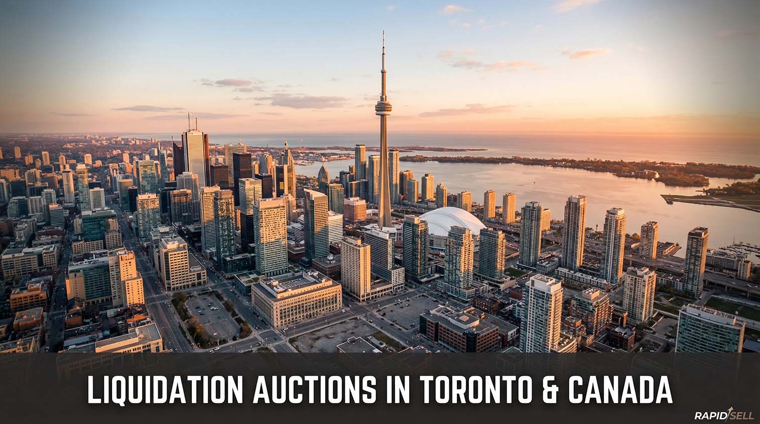 Aerial view of the Toronto skyline featuring a Rapid Sell liquidation auctions banner for Canadian buyers.
