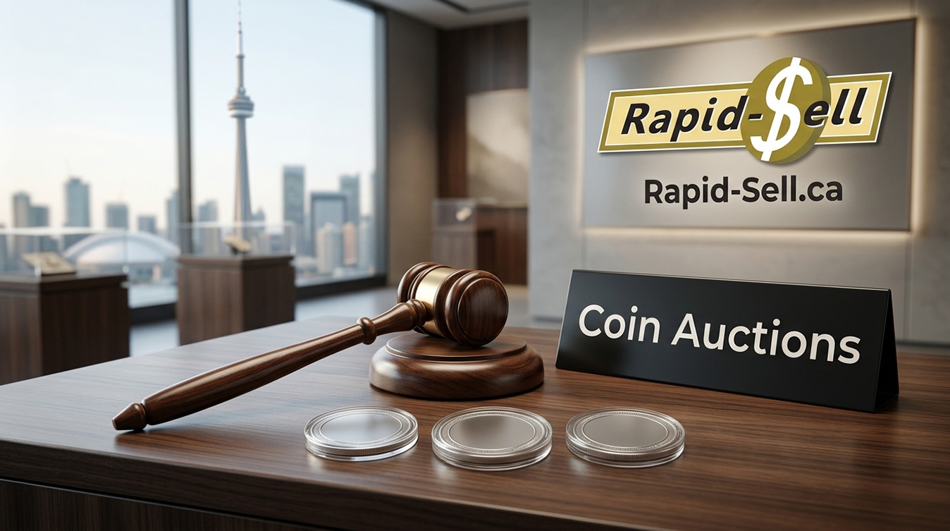 Executive desk with coin auction sign, numismatic capsules, gavel, and Toronto city view