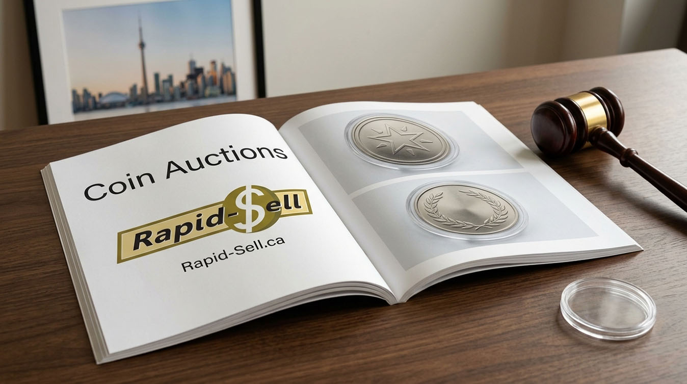 Open coin auction catalogue and gavel on a desk representing the Toronto Reference Library numismatic event