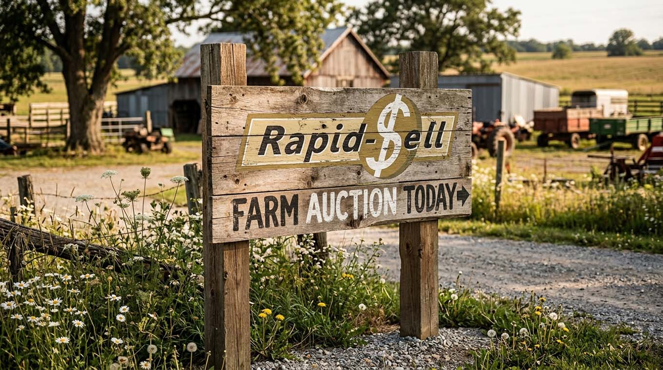 Rustic wooden roadside directional sign reading Farm Auction Today pointing to an Ontario farm equipment sale