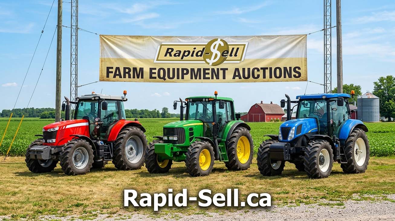 Three agricultural tractors—Massey Ferguson, John Deere, and New Holland—lined up for market valuation at an Ontario farm auction