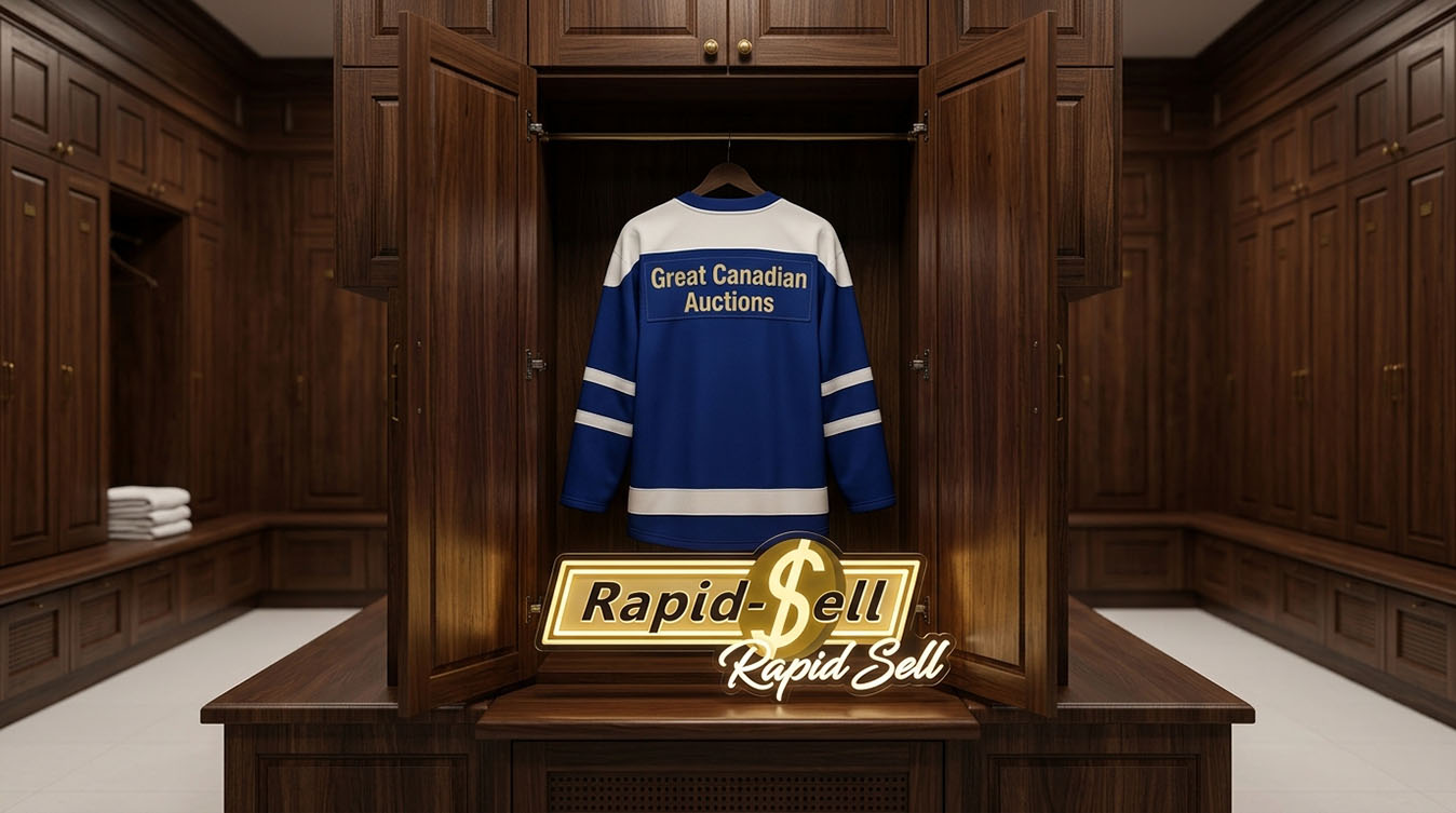 A vintage blue and white Great Canadian Auctions hockey jersey hanging in a wooden locker room in Toronto, Ontario.