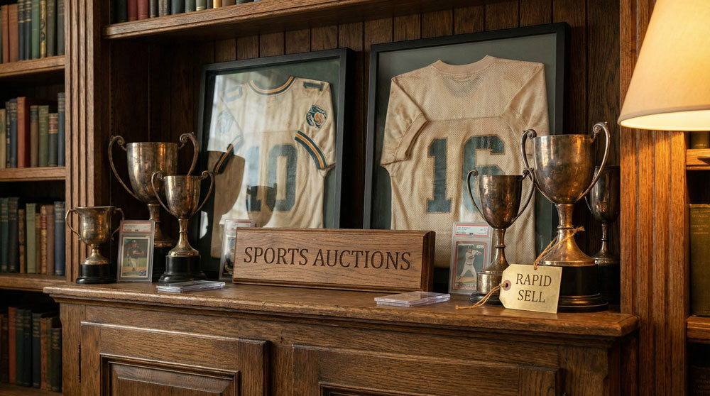 Vintage sports memorabilia collection on wooden shelves featuring football jerseys and trophies in Ontario