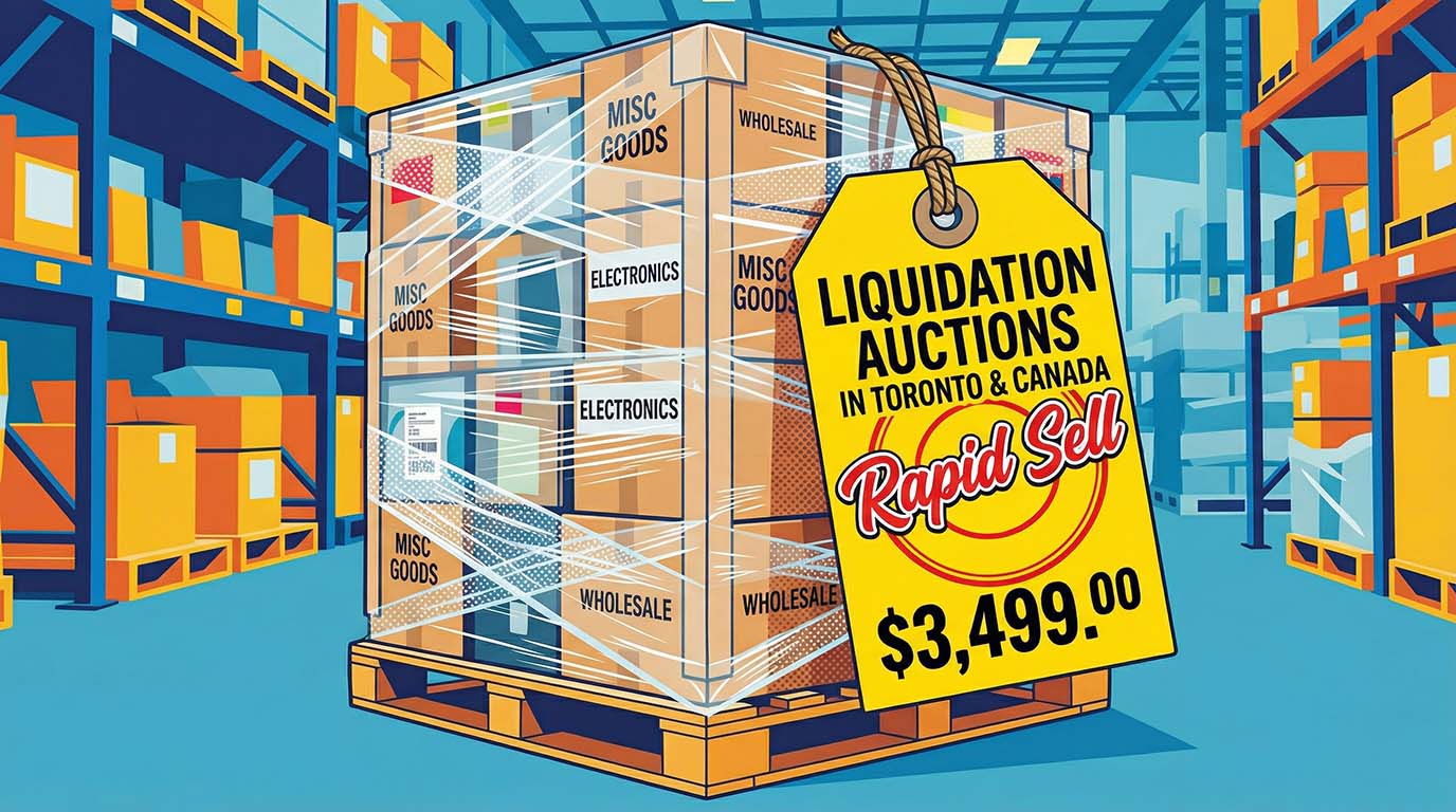 Illustration of a shrink-wrapped pallet of wholesale liquidation goods with a discounted price tag for Ontario buyers.