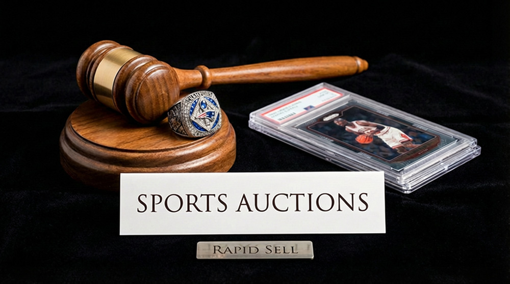 Wooden auction gavel and graded sports card representing winning bidding strategy