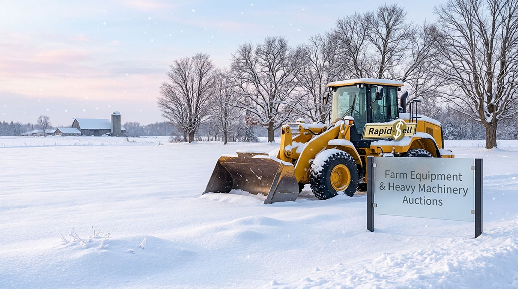 Wheel loader in snow covered field at an Ontario winter farm equipment auction event